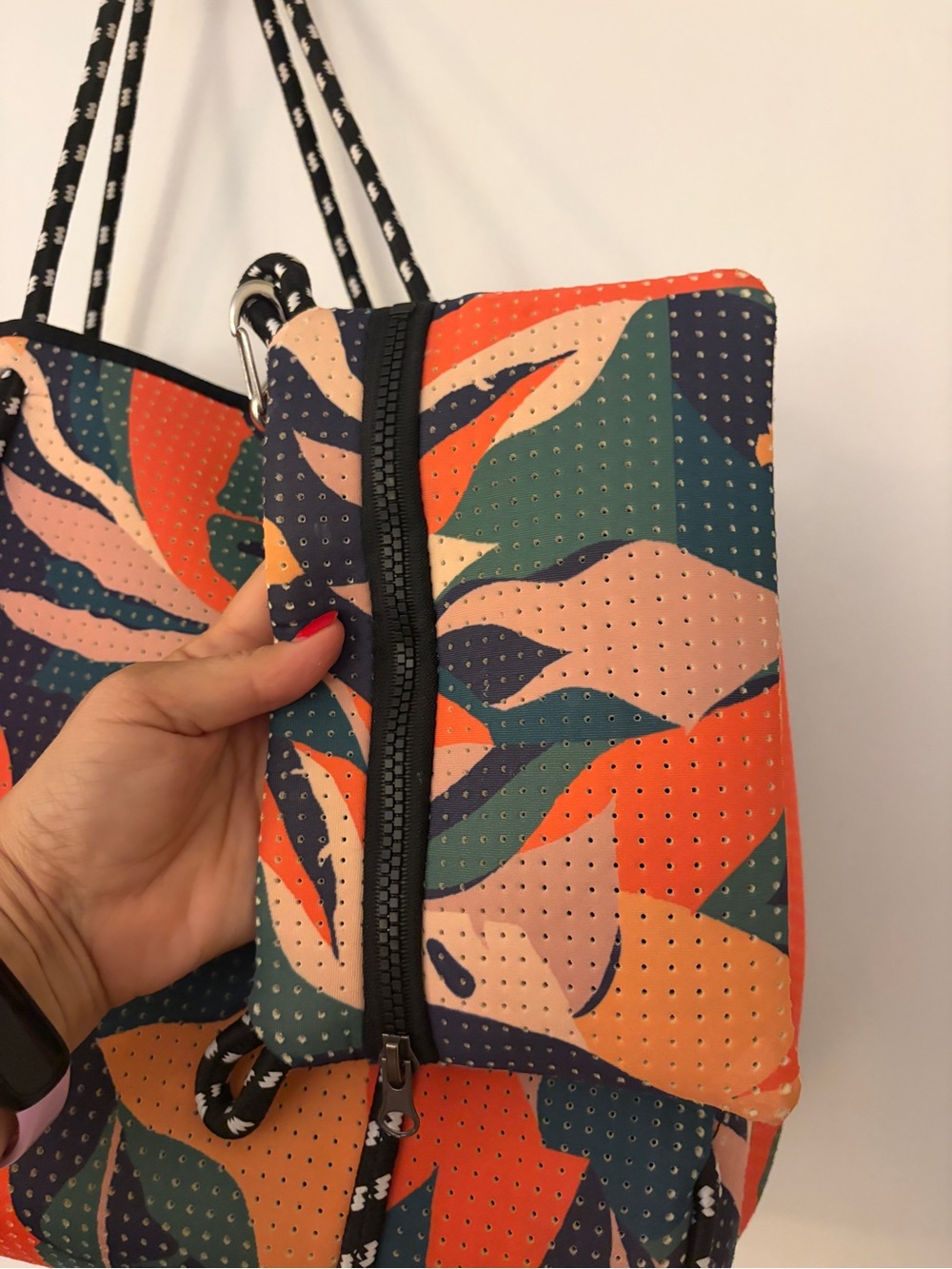 Neoprene Floral Print Tote in Orange, Teal & Navy - Picture 3 of 7
